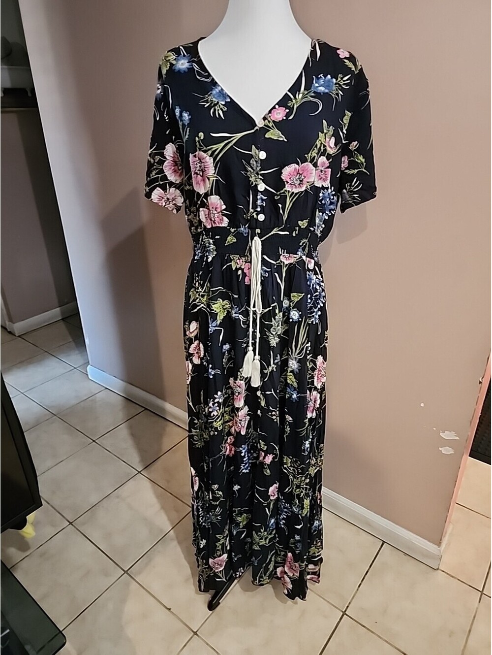 Black XL Floral print Dress Short Sleeve
